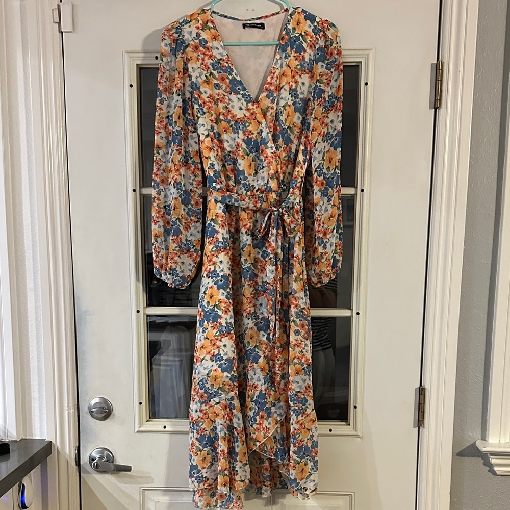 Floral Long-Sleeve Wrap Maxi Dress in Blue, Orange & Cream